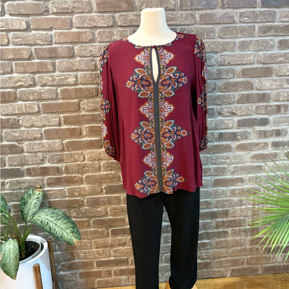 BCBGMaxAzria Burgundy Patterned Blouse